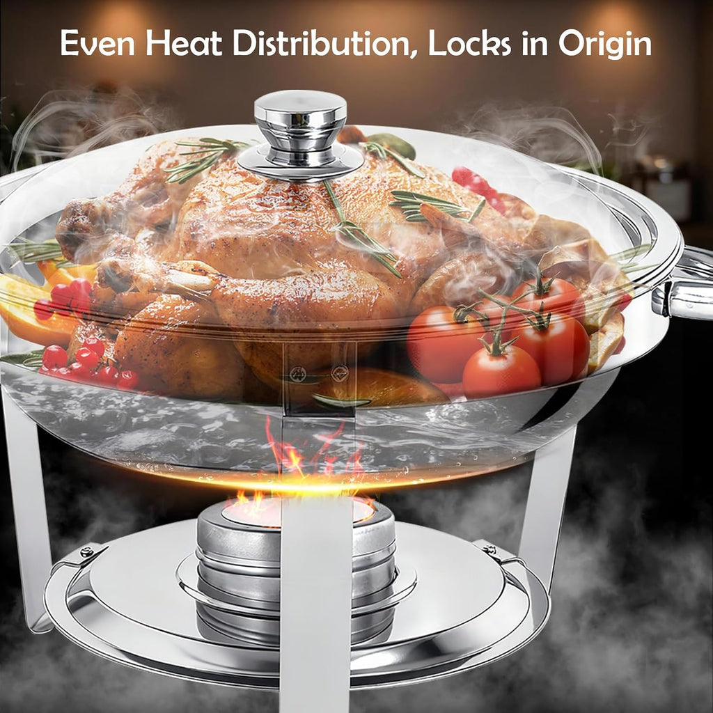 ALSO GO 4 Pack 5QT Round Chafing Dishes for Buffet, Stainless Steel Chafing Buffet Set with Food & Water Pan, Lid, Frame, Fuel Holder, Buffet Servers and Warmers for Catering Events Parties Dinners