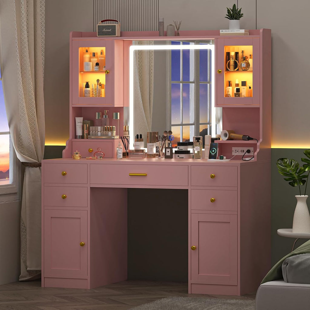 Vanity Desk with Mirror and Lights, Makeup Vanity Table with Power Outlet, Dressing Vanity Table Set with 6 Drawers & 4 Cabinets, 3 Color Modes & Brightness Adjusted, for Bedroom Room, Pink