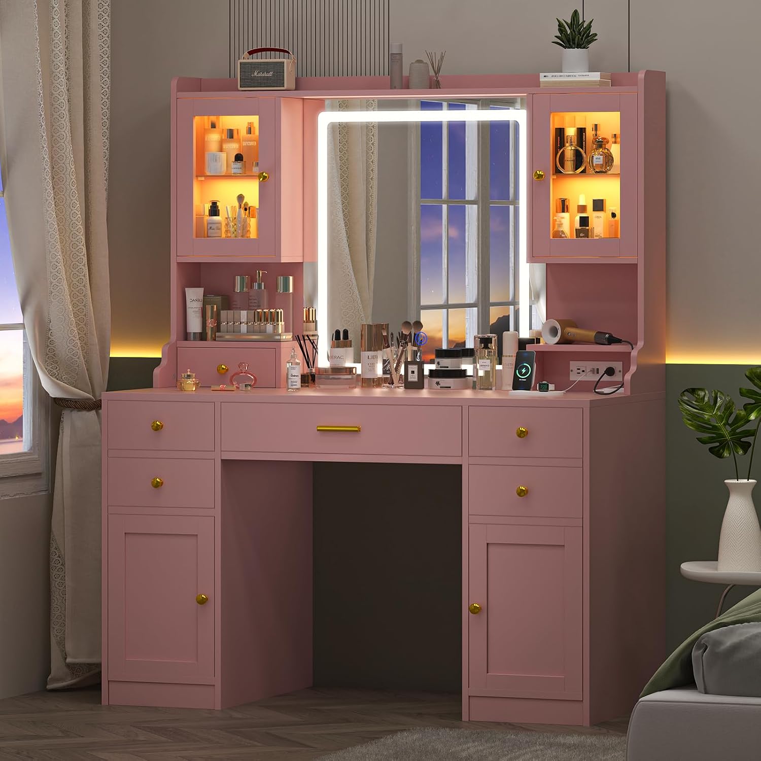 Vanity Desk with Mirror and Lights, Makeup Vanity Table with Power Outlet, Dressing Vanity Table Set with 6 Drawers & 4 Cabinets, 3 Color Modes & Brightness Adjusted, for Bedroom Room, Pink