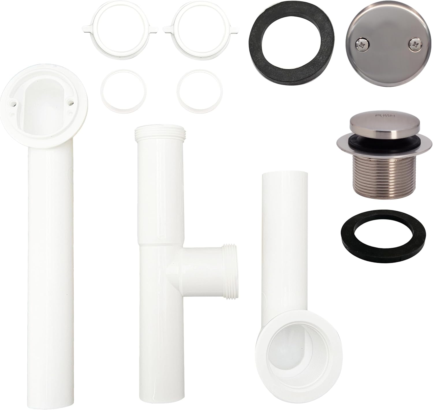 Westbrass 593244-4-07 14' x 1-1/2' White Tubular Bathtub Waste & Overflow Assembly with Tip-Toe Drain Plug and 2-Hole Faceplate, Satin Nickel (4-Pack)