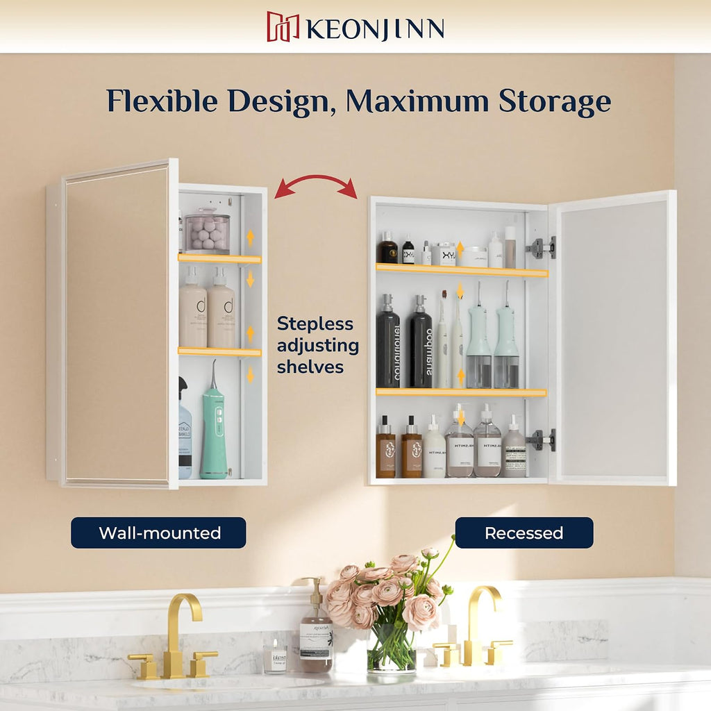 Keonjinn 24' x 30' White Bathroom Medicine Cabinets with Mirror Recessed or Surface Wall-Mounted Aluminum Alloy Metal Framed Beveled Bathroom Mirror, Large Single Door Farmhouse Storage Cabinet Mirror