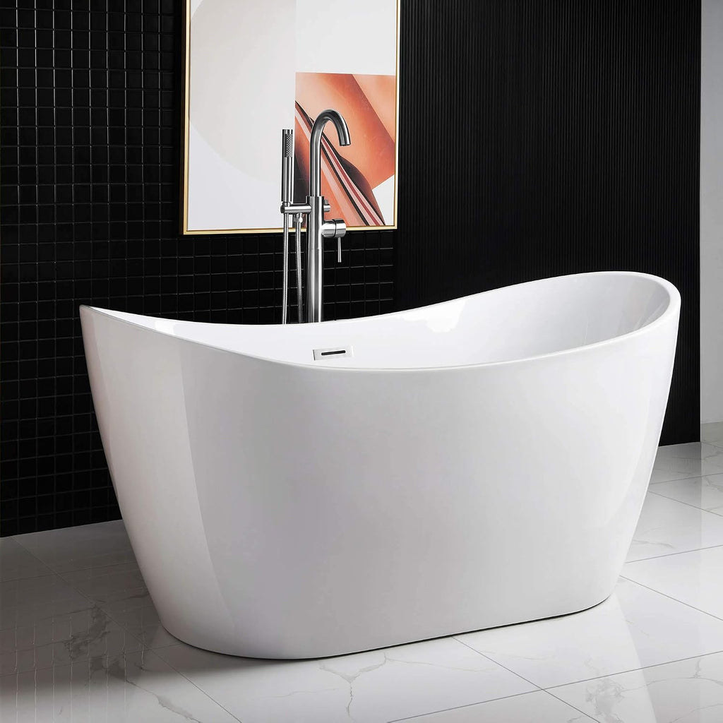 WOODBRIDGE 59' Acrylic Freestanding Bathtub Contemporary Soaking White Tub with Chrome Overflow and Drain，BTA1516-C-Drain-&O