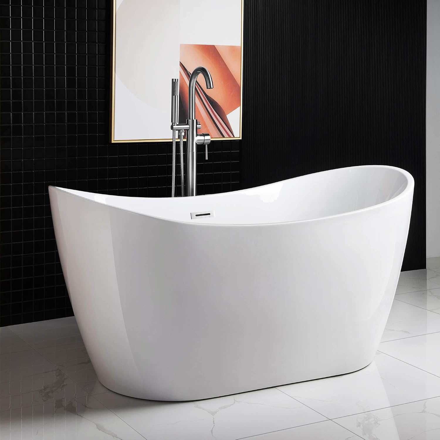WOODBRIDGE 59' Acrylic Freestanding Bathtub Contemporary Soaking White Tub with Chrome Overflow and Drain，BTA1516-C-Drain-&O