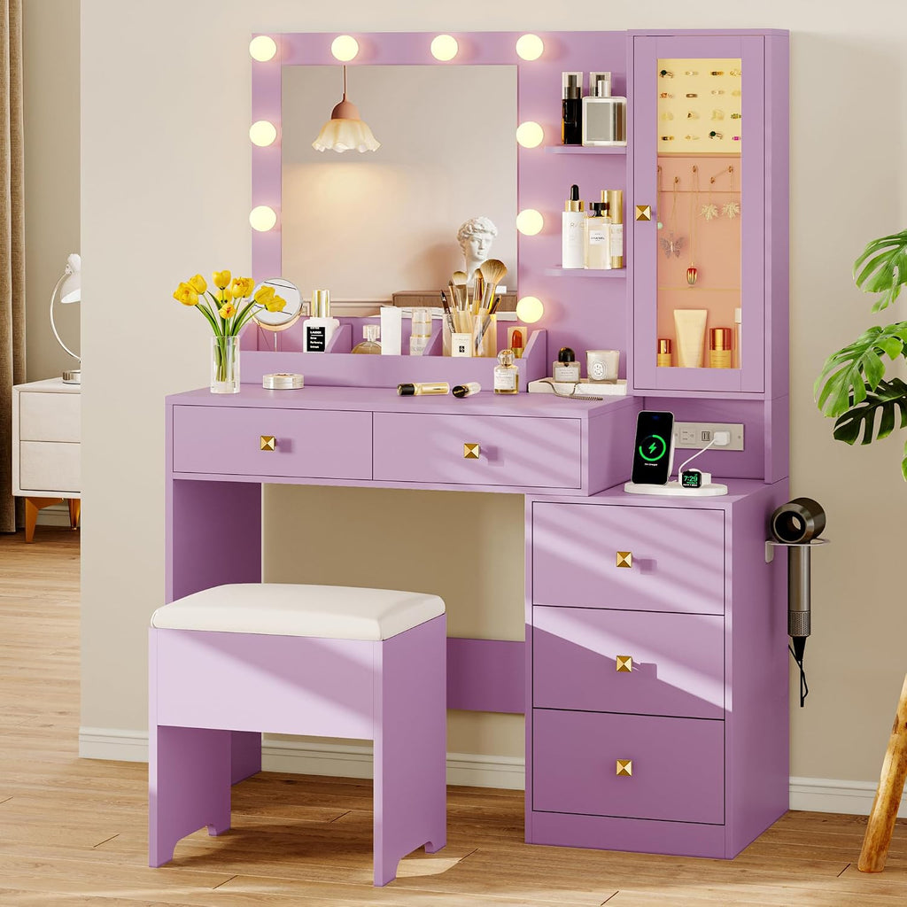 Vanity Desk with Mirror and Lights, Makeup Vanity Table Set with 5 Storage Drawers, Power Outlet & Chair, Small Dressing Table with RGB Ambient Light, Adjustable Brightness for Girls Bedroom, Purple