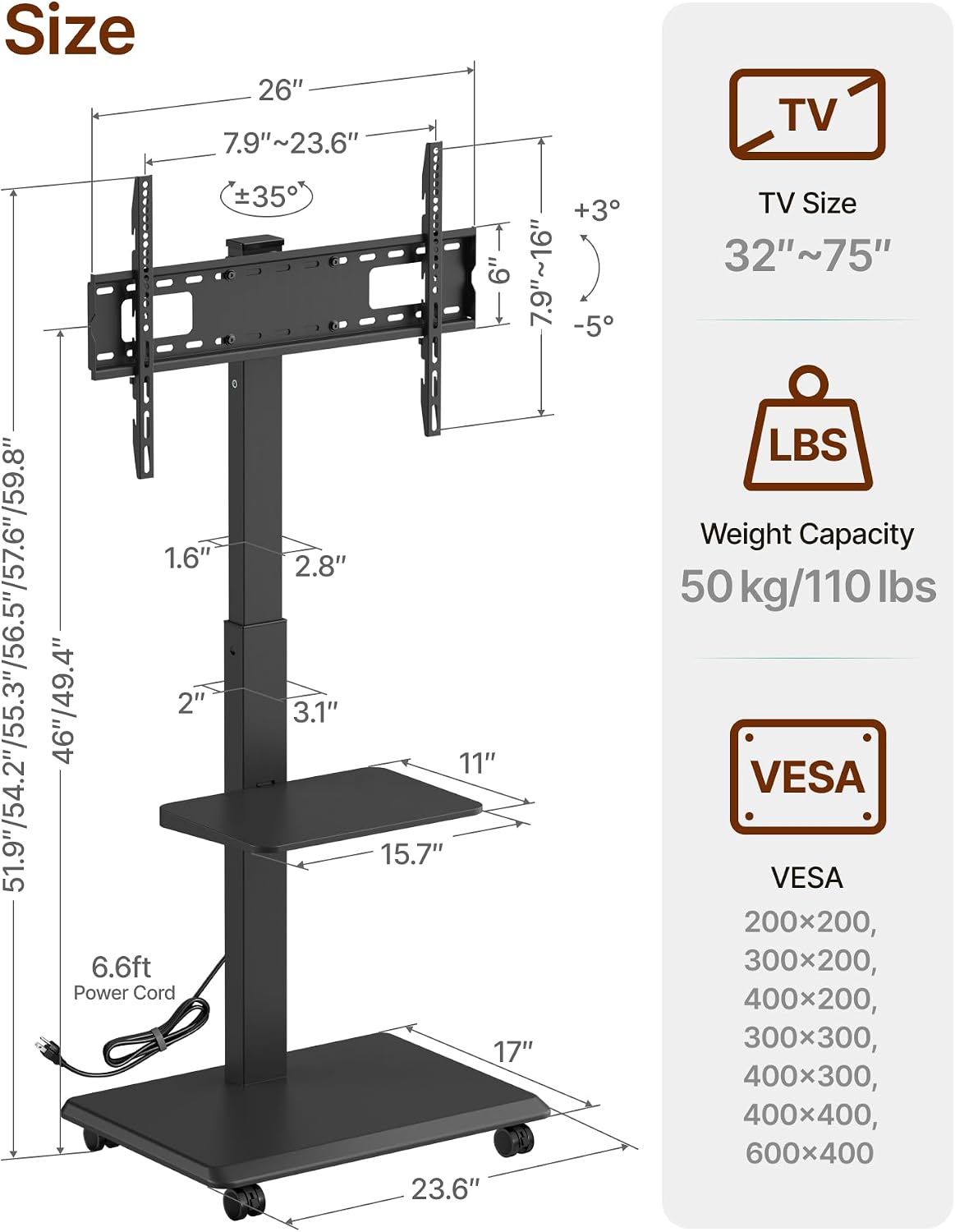 Steel Base Rolling TV Stand with Power Outlet for 32-75 inch TVs up to 110 lbs, Leveling & Tilt & Swivel Mobile TV Stand with Hidden Wire Management, Height Adjustable Portable Tv Stand, Black