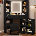 HAUOMS Vanity Desk with Mirror Lights, Storage Bench & Power Outlet, Corner Vanities with Rotating Cabinet & Drawers, 3 Light Settings Vanity Set, for Women Girls, Black