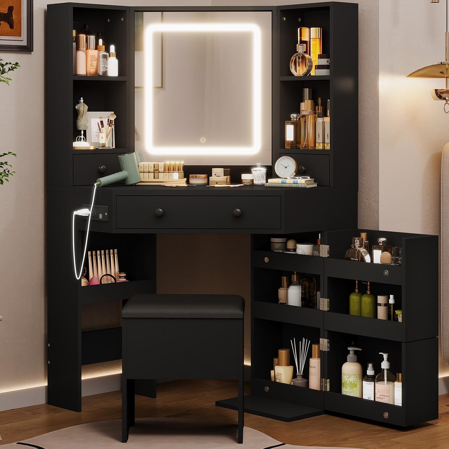 HAUOMS Vanity Desk with Mirror Lights, Storage Bench & Power Outlet, Corner Vanities with Rotating Cabinet & Drawers, 3 Light Settings Vanity Set, for Women Girls, Black