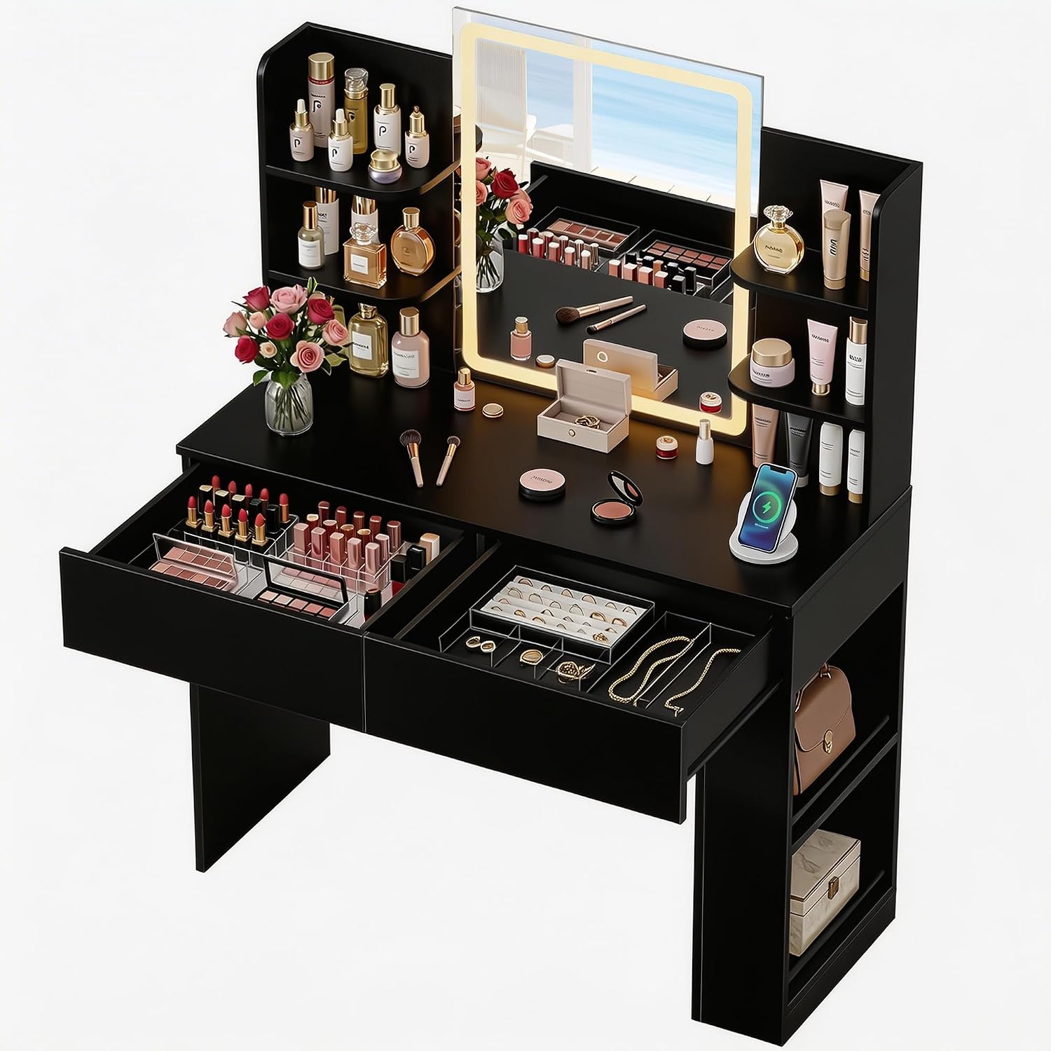 Furmax Vanity Desk with Mirror and LED Lights, Makeup Vanity Table with 3 Lighting Color, Adjustable Brightness, Vanity Table with 2 Drawers, Side Storage, for Bedroom (Black, No Bench)
