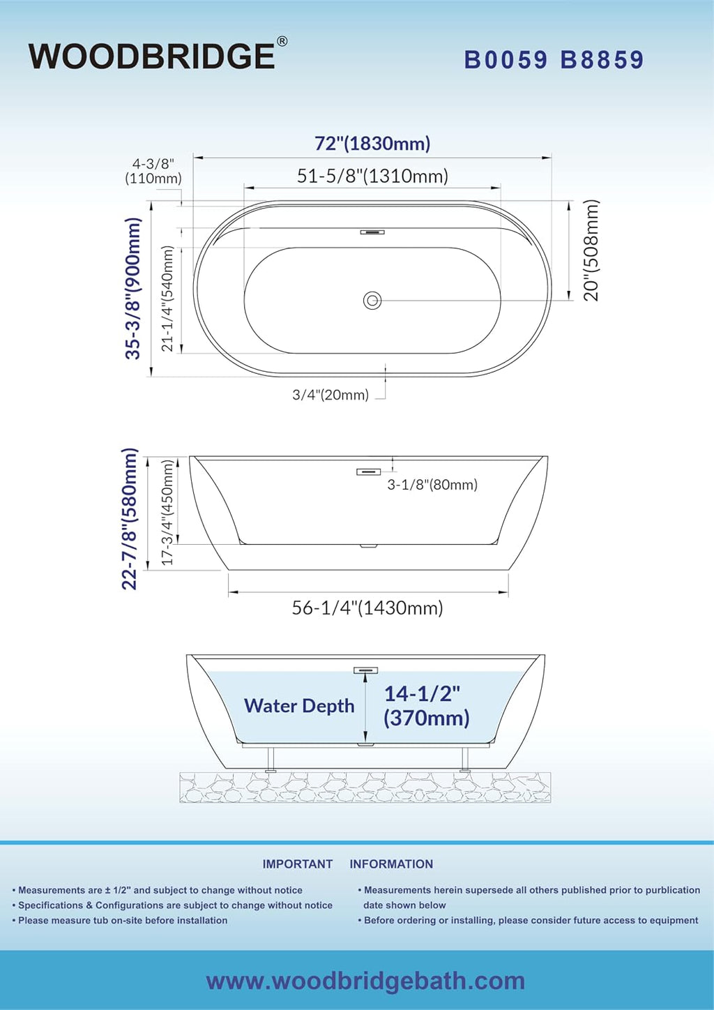 WOODBRIDGE 72' L x 35-3/8' W Freestanding Contemporary Acrylic Soaking Bathtub in Glossy Black Inside and Outside with Oil-Rubbed Bronze Drain & Overflow,B8859-ORB