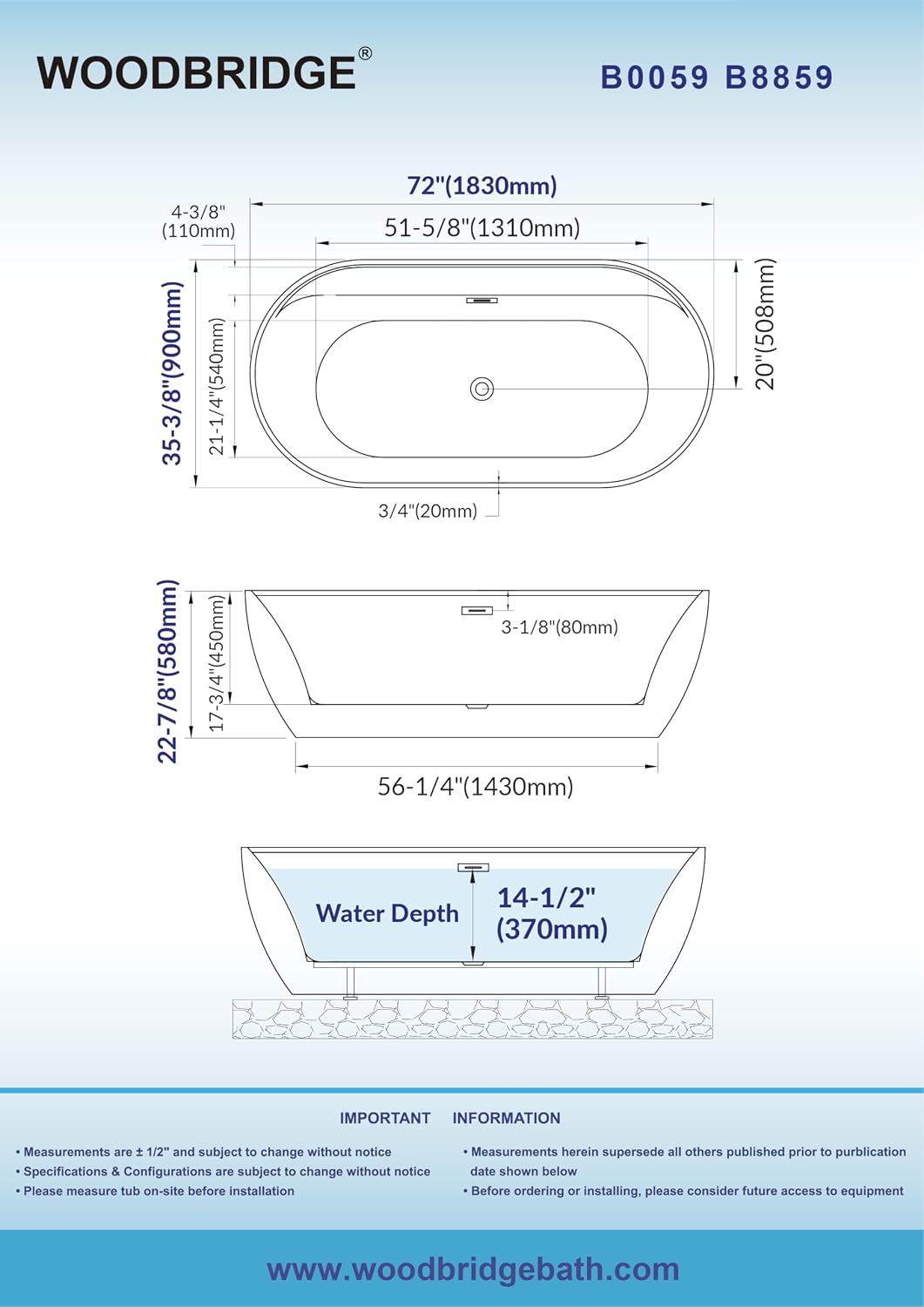 WOODBRIDGE 72' L x 35-3/8' W Freestanding Contemporary Acrylic Soaking Bathtub in Glossy Black Inside and Outside with Oil-Rubbed Bronze Drain & Overflow,B8859-ORB