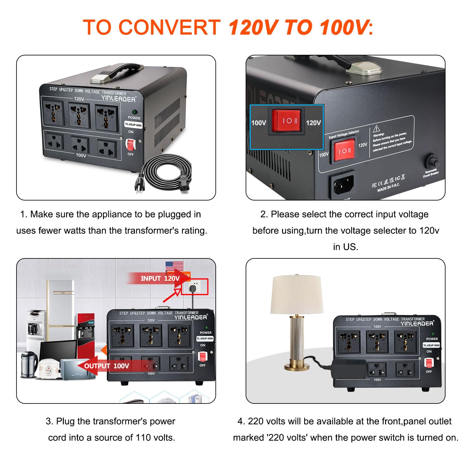 Yinleader 3000W 120V to 100V Voltage Converter US to Japan Step Down/Up Transformer for Japanese Hair Dyer/Turntable/Rice Cooker/breadmaker/Oven/Heater/Freezer, etc. in US