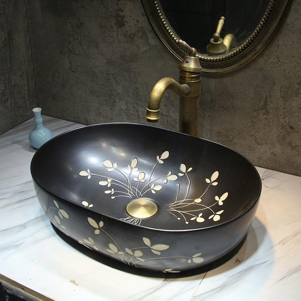 Ceramic Retro Bathroom Vessel Sink, Art Hand Wash Basin, Home Vanity Sink with Accessories, Countertop Basin for B&B, Club, Home