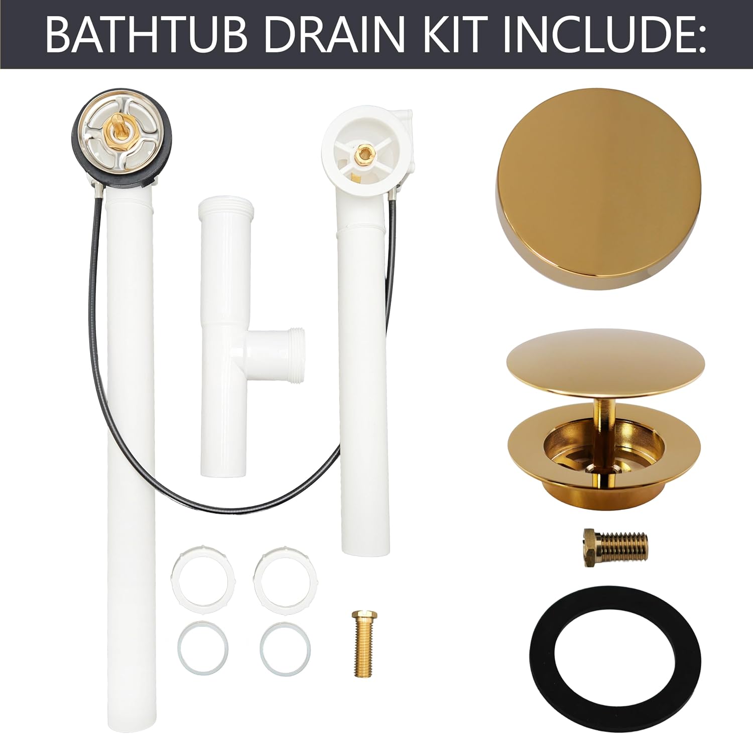 Westbrass D50P27TLERE-01 27' Cable Drive Bath Drain Trim with Rotary Overflow Cover Knob, Pop-Up Stopper and Poly Tubular Pipes & Fittings, Polished Brass