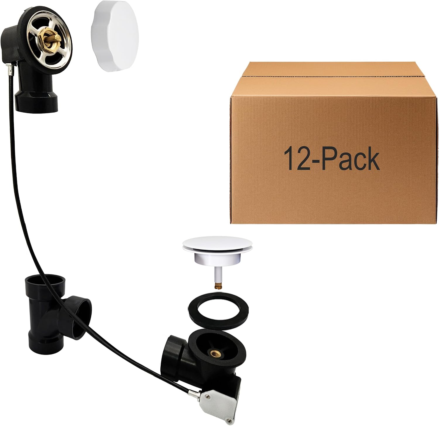 Westbrass D50A27-50 27' Cable Drive Standard Bath Drain Trim Kit with Rotary Overflow Cover Knob, Pop-Up Stopper and Sch. 40 ABS Fittings, Powder Coat White (12-Pack)
