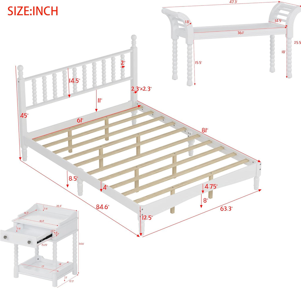 Retro Style 4-Pieces Bedroom Sets, Wood Queen Size Platform Bed with Gourd Shaped Headboard, 2 Storage Nightstand and Bench, Turned Legs Design (White-11.21)