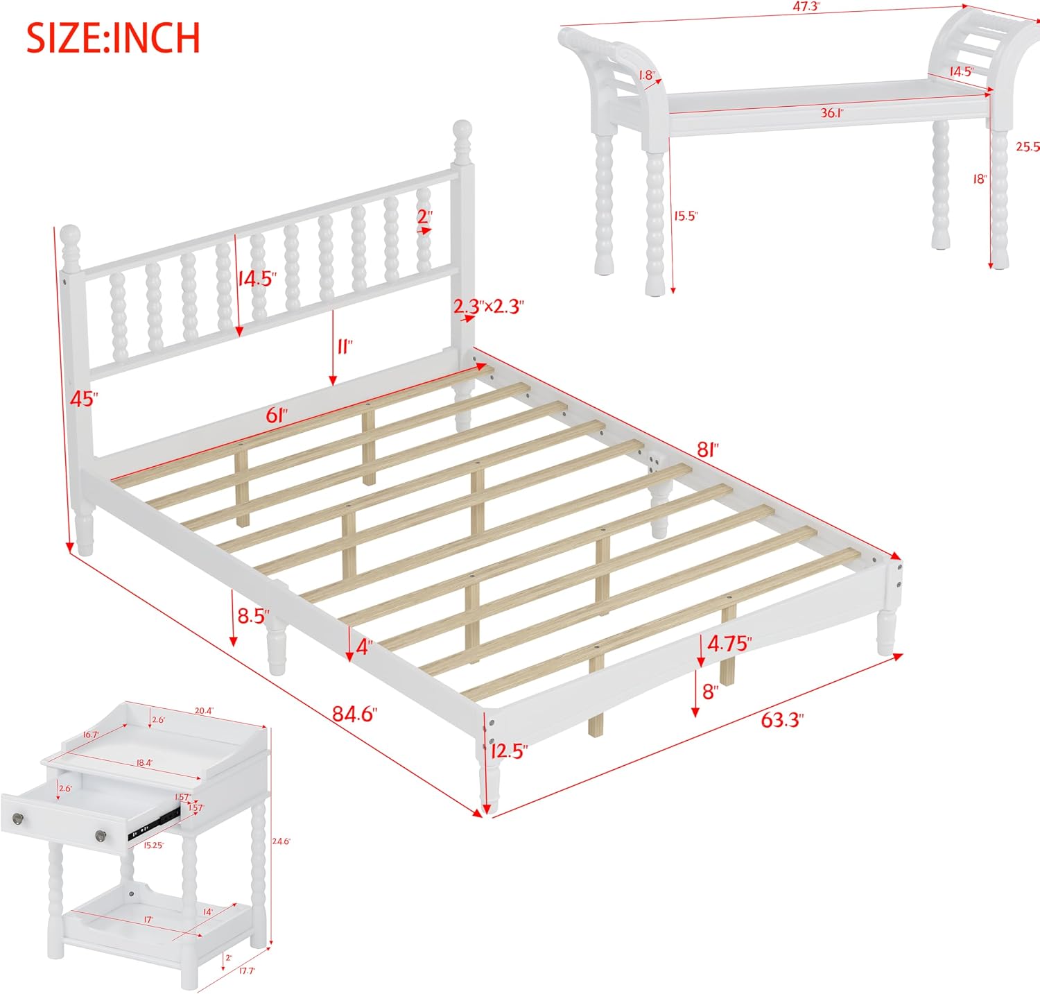 Retro Style 4-Pieces Bedroom Sets, Wood Queen Size Platform Bed with Gourd Shaped Headboard, 2 Storage Nightstand and Bench, Turned Legs Design (White-11.21)