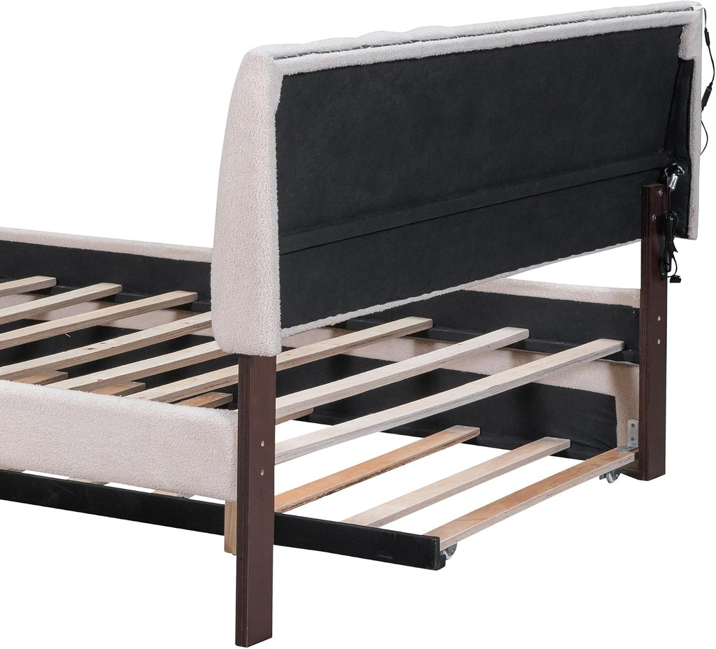 Ball & Cast Full Szie Upholstered Bed Frame with LED Light and Trundle,Teddy Fleece Platform Bed w/Channel Tufted Headboard &Wooden Slats Support,No Box Spring Needed, for Bedroom,Beige