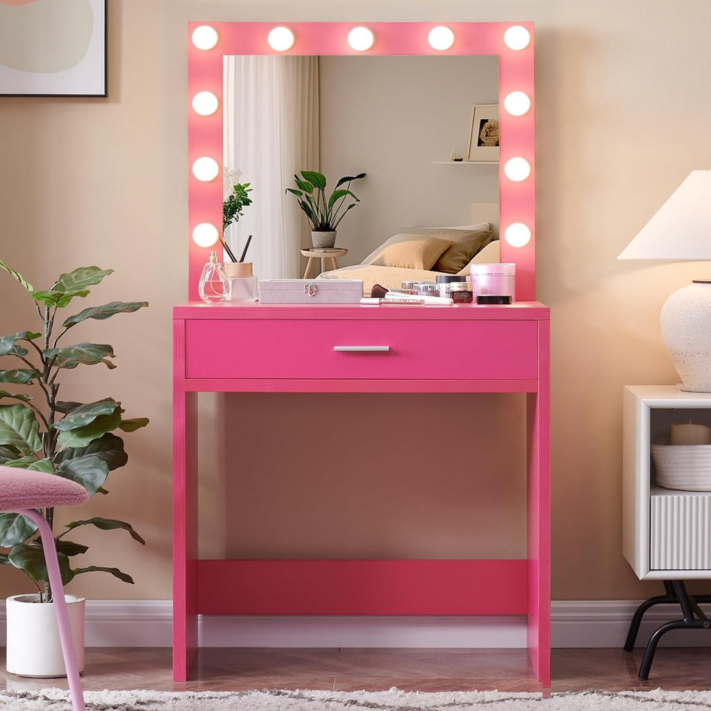 Palimder Vanity Desk with Lamp Bulb Mirror Drawers,Vanity Storage Bench,Makeup Vanities Table for Bedroom,Rose Red