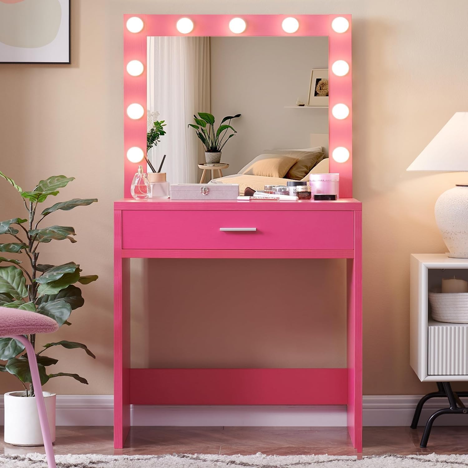 Palimder Vanity Desk with Lamp Bulb Mirror Drawers,Vanity Storage Bench,Makeup Vanities Table for Bedroom,Rose Red