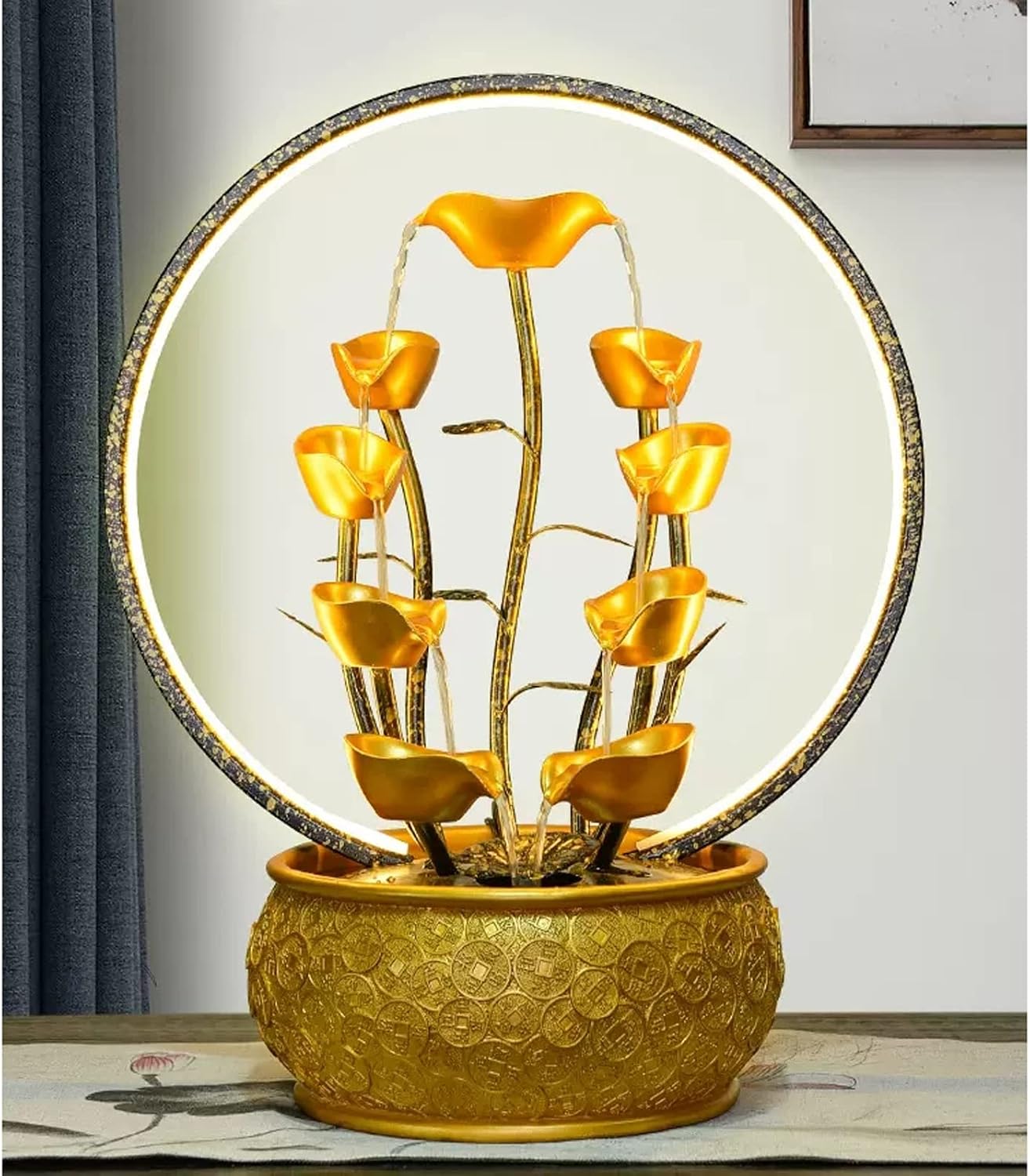 Desktop Fountain Indoor Fountain Tabletop Waterfall Fountains Relaxation Water Feature Feng Shui Good Luck Wealth Desktop with Light Home and Office Decor, Gold(Large)