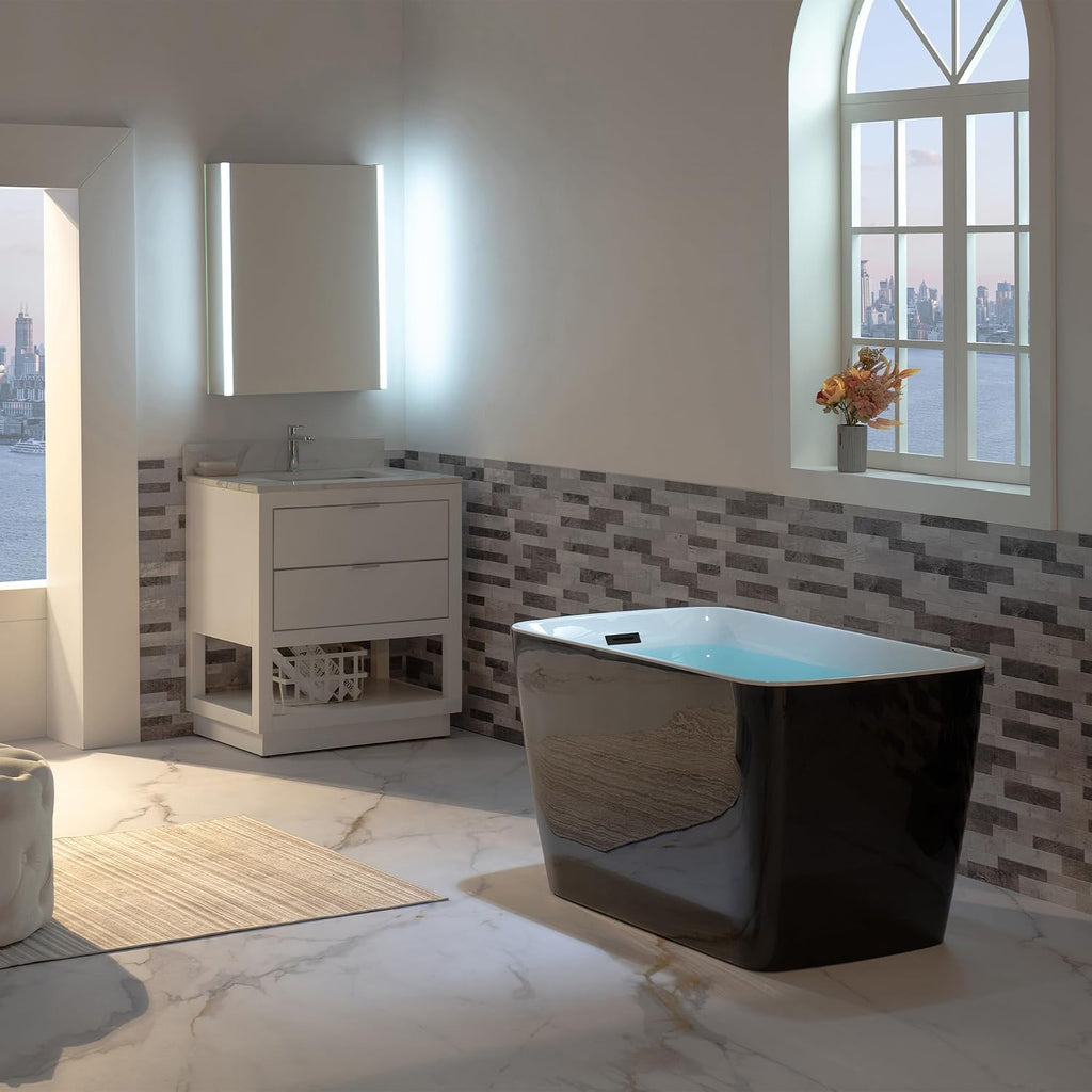 WOODBRIDGE 48' Acrylic Freestanding Square Shape Janpanese Soaking Tub with Pre-molded Seat and Matte Black Pop-UP Drain and Overflow Option, Black, B1870-MB