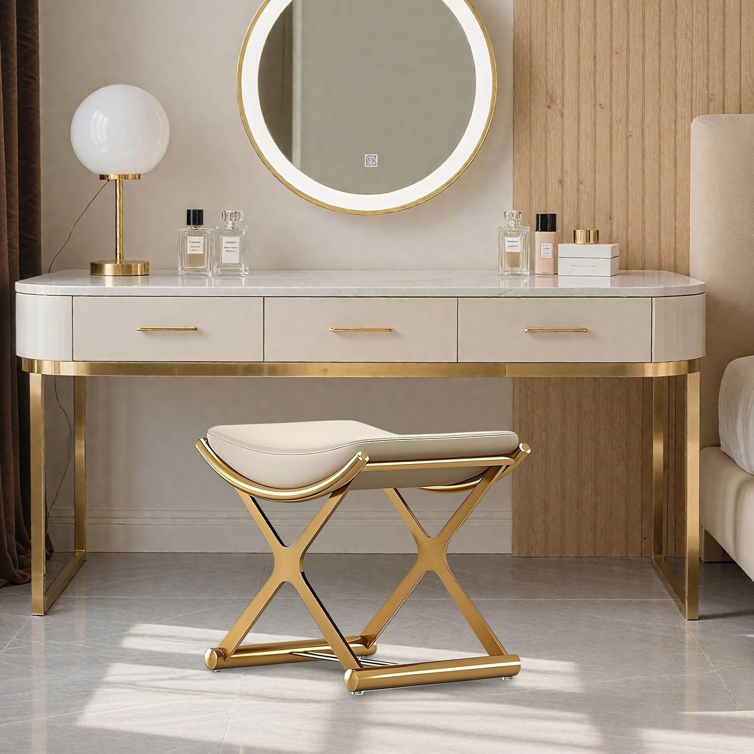 Modern Vanity Stool - Gold Leather Makeup Chair with X-Legs, Backless Ottoman Bench for Bathroom, Living Room & Bedroom Decor