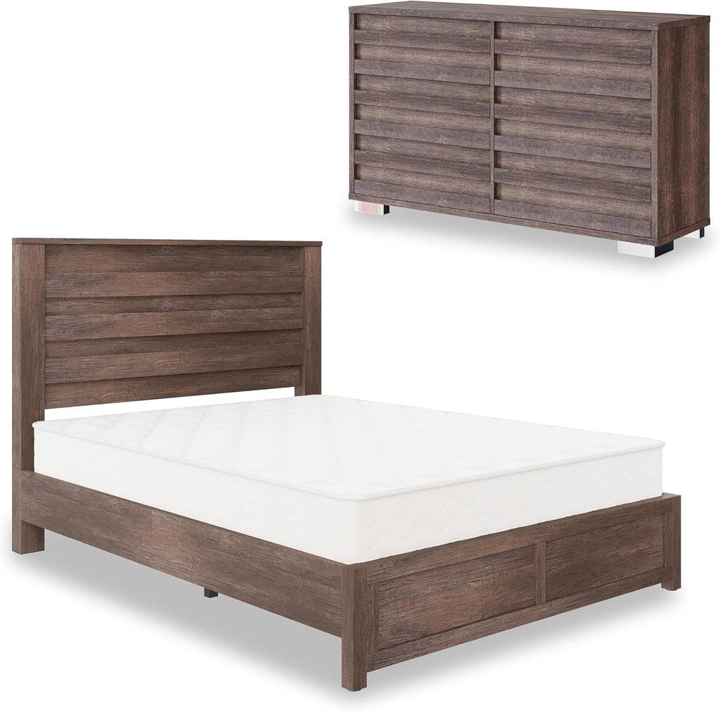 AMERLIFE 2-Piece Farmhouse Bedroom Set, Full Bed Frame and 6 Drawer Dresser, Platform Bed with 49' Fluted Headboard, 54' Wide Wood Chest of Drawer for Bedroom, Grey