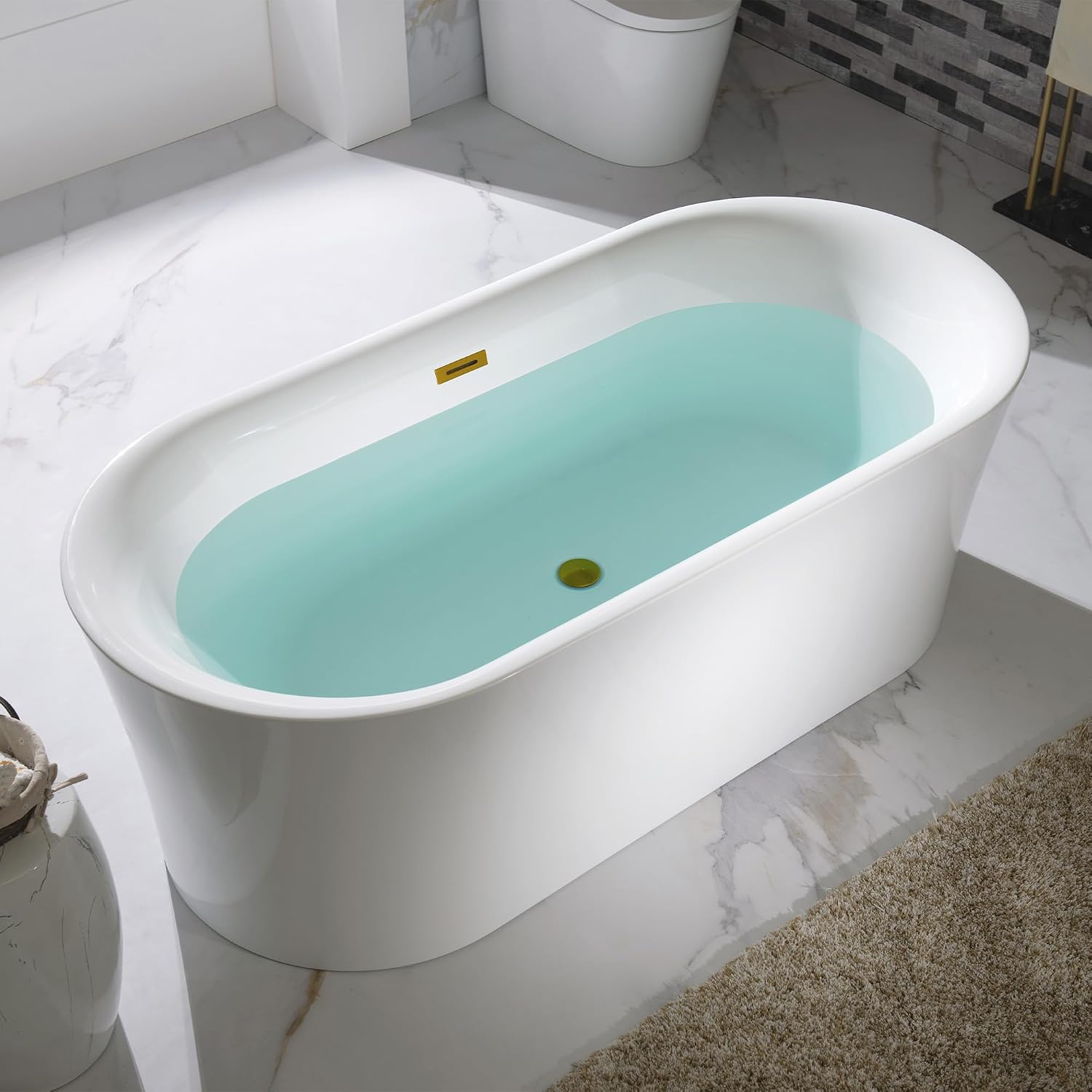 WOODBRIDGE 67' Acrylic Freestanding Bathtub Contemporary Soaking Tub with Brushed Gold Overflow and Drain,White Tub,B0057-BG