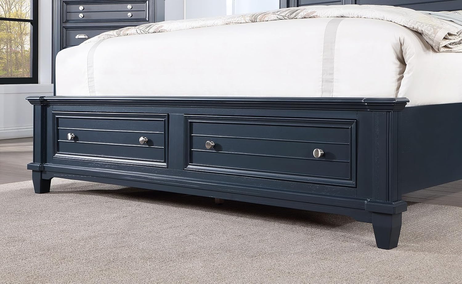 MASARA Transitional 3-Piece Bedroom Set in Slate Blue, Solid Wood Panel Bed with Storage Footboard, Queen/King/California King with 2 Nightstands (King)