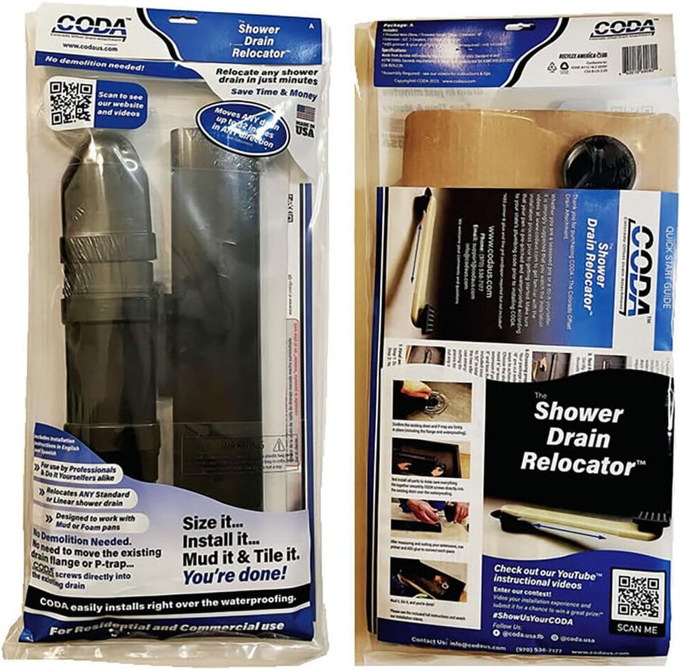 CODA The Shower Drain Relocator Mover with SereneDrains Stainless Steel 4' Square Shower Drain (Oil Rubbed Bronze Drain)