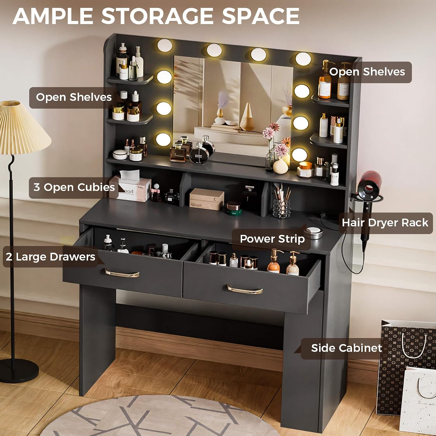 COMHOMA Vanity Desk with Lighted Mirror and Power Outlet, RGB LED Lights Makeup Vanity Set for Girls, Large Storage Capacity Dressing Table for Bedroom, 3 Lighting Modes Adjustable Brightness, Black