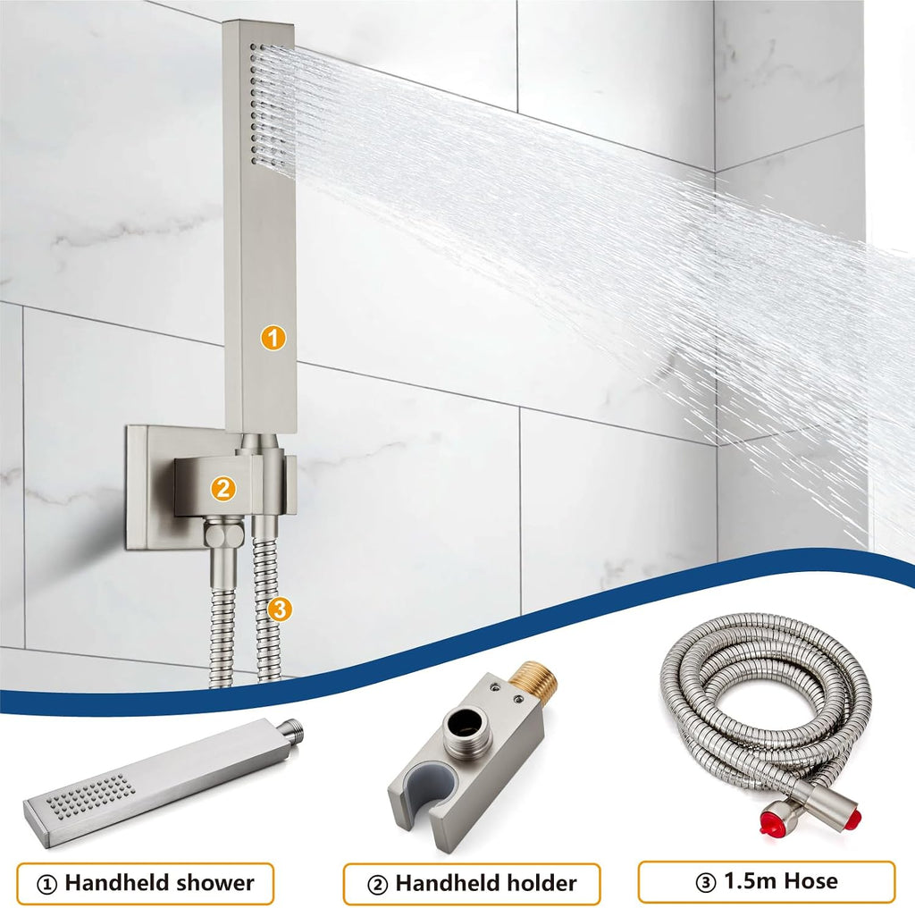 Midanya Brushed Nickel Morden Widespread Bathroom Faucet 3 Holes 2 Handles 8 Inch Vanity Faucet with 10 Inch Brushed Nickel Rain Shower Set Square Rainfall Shower Head Wall Mount Shower Faucet System