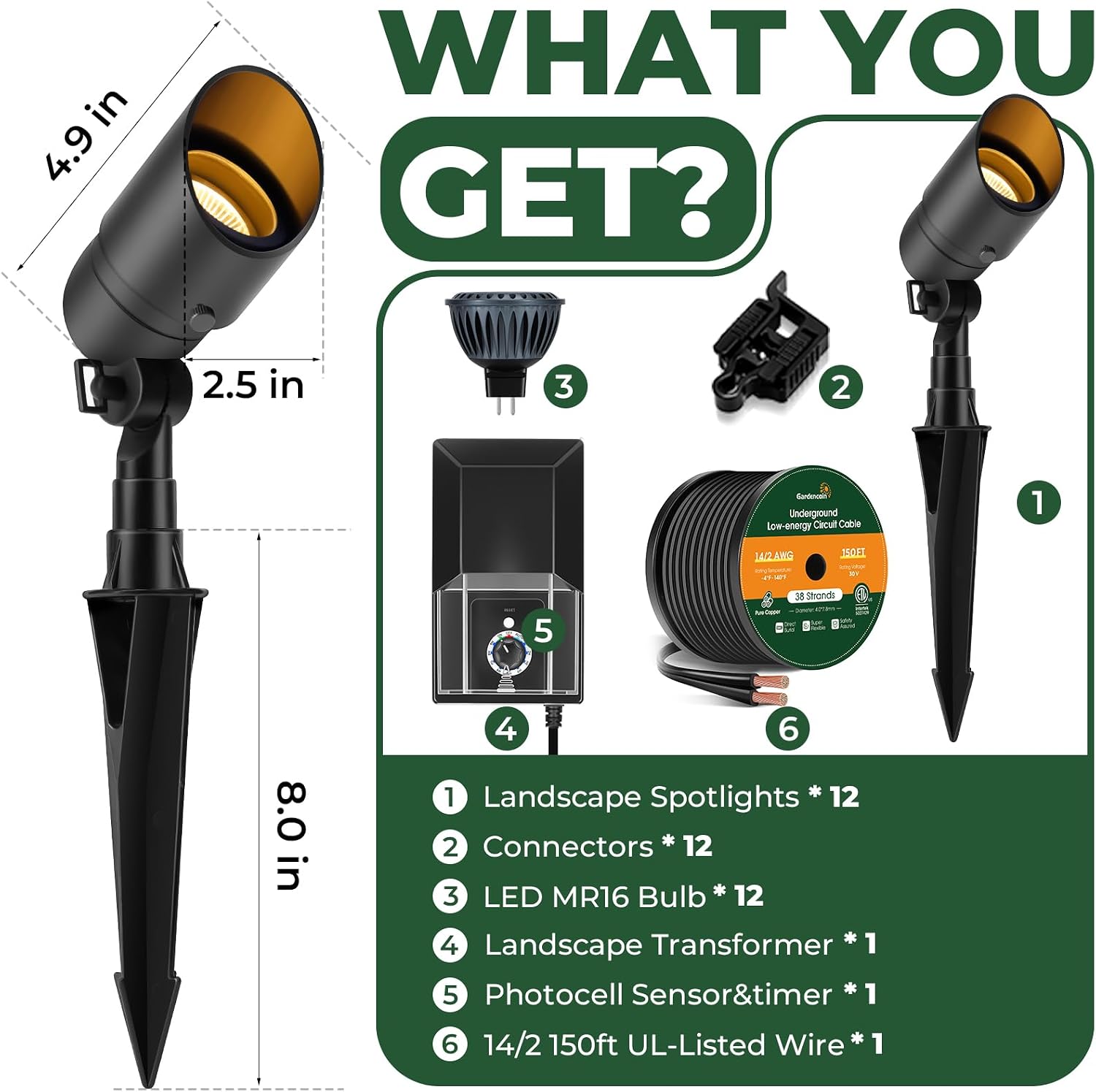 Gardencoin All-in-One LED Low Voltage Landscape Lighting Kit, 5W Spotlights with 200W Transformer 150ft Wire and 12 Fastlock Connectors, 2700K Waterproof Aluminum Fixture for House Tree Yard Garden