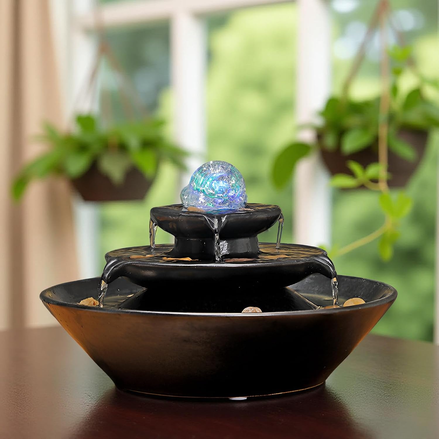 11.8' Indoor Tabletop Fountain, Ceramic Multi-Tier Waterfall with Crystal Ball & Fish Tank Feature, Free 10pcs Natural Crystals, Zen Home/Office/Entryway Decor, Housewarming Gift(Black)