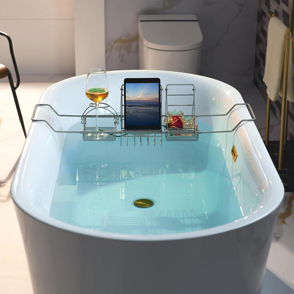 WOODBRIDGE 67' Acrylic Freestanding Bathtub Contemporary Soaking Tub with Brushed Gold Overflow and Drain,White Tub,B0057-BG