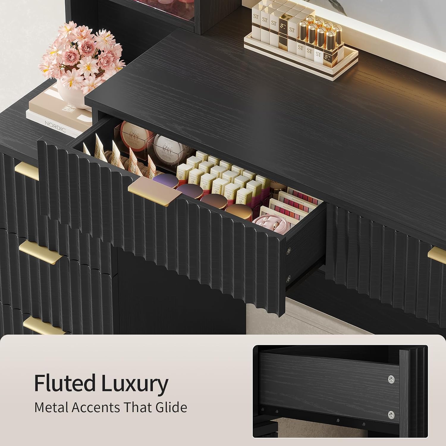 HAUOMS Big Vanity, 59.1' Fluted Wood Makeup Vanity Desk with Mirror and Sound Sync LED Lights, Large Vanity Dressing Table, 8 Drawers, 2 Glass Cabinets, with Charging Station for Girls, Women (Black)