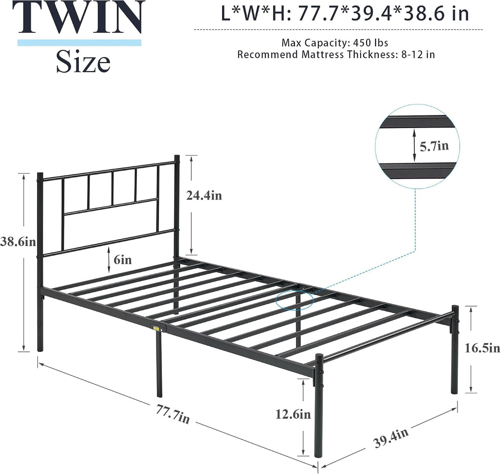 VECELO Twin Metal Platform Bed Frame with Headboard, Heavy Duty Steel Slats, No Box Spring Needed,Easy Assembly, Modern Minimalist Design, 2 PCS
