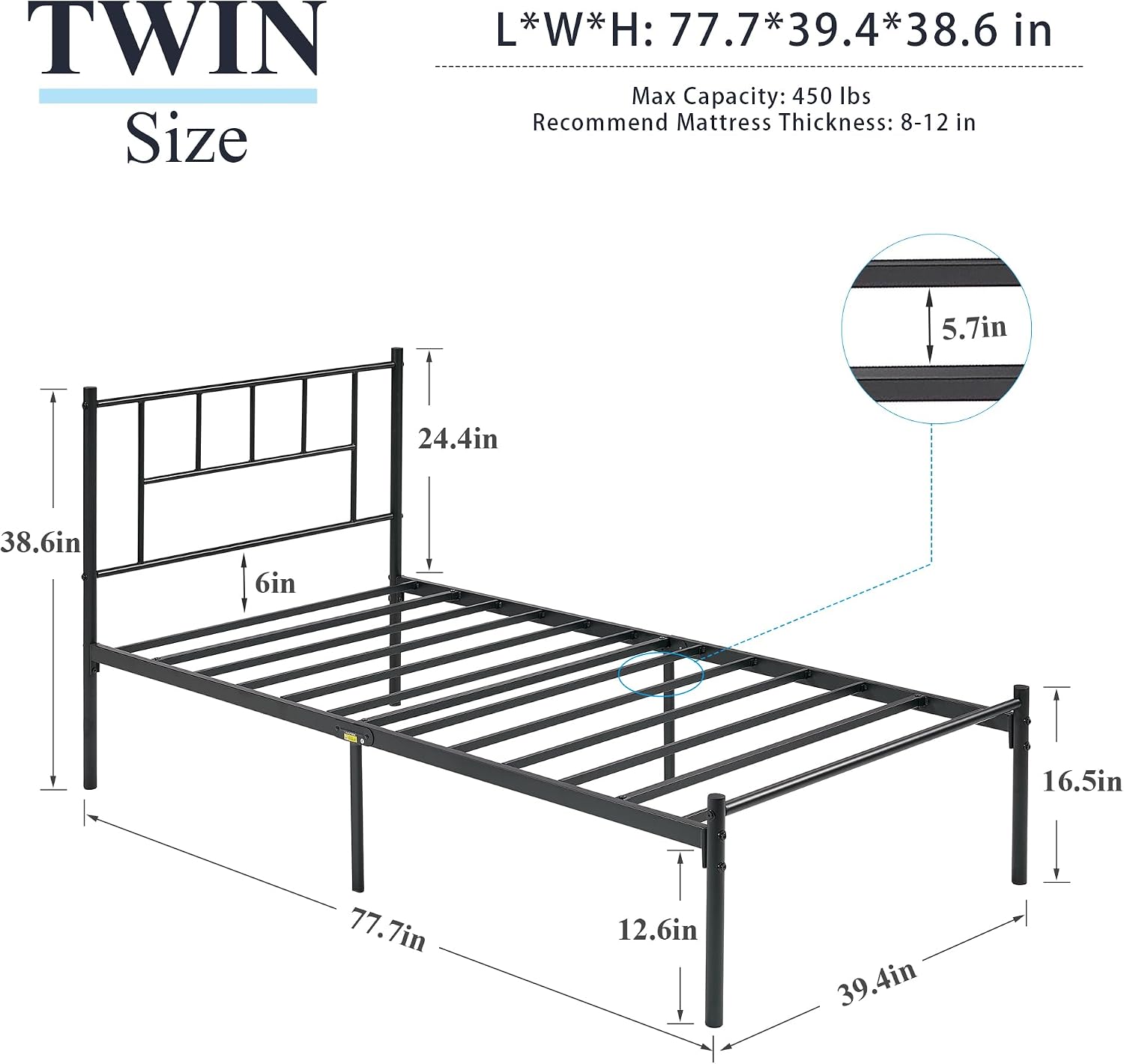 VECELO Twin Metal Platform Bed Frame with Headboard, Heavy Duty Steel Slats, No Box Spring Needed,Easy Assembly, Modern Minimalist Design, 2 PCS