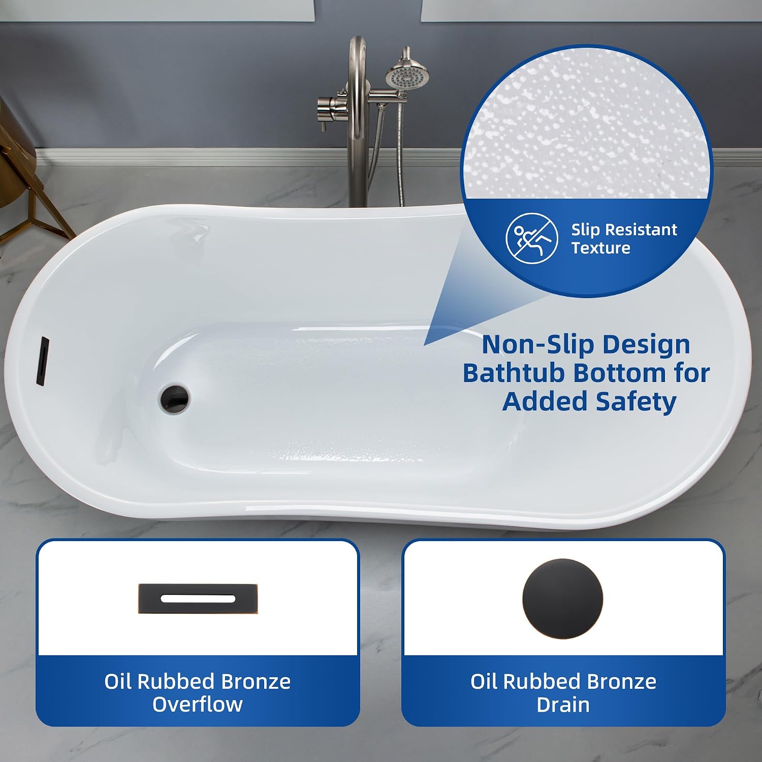WOODBRIDGE 59' Acrylic Freestanding Bathtub Contemporary Soaking White Tub with Oil Rubbed Bronze Overflow and Drain,White,B1530 ORB
