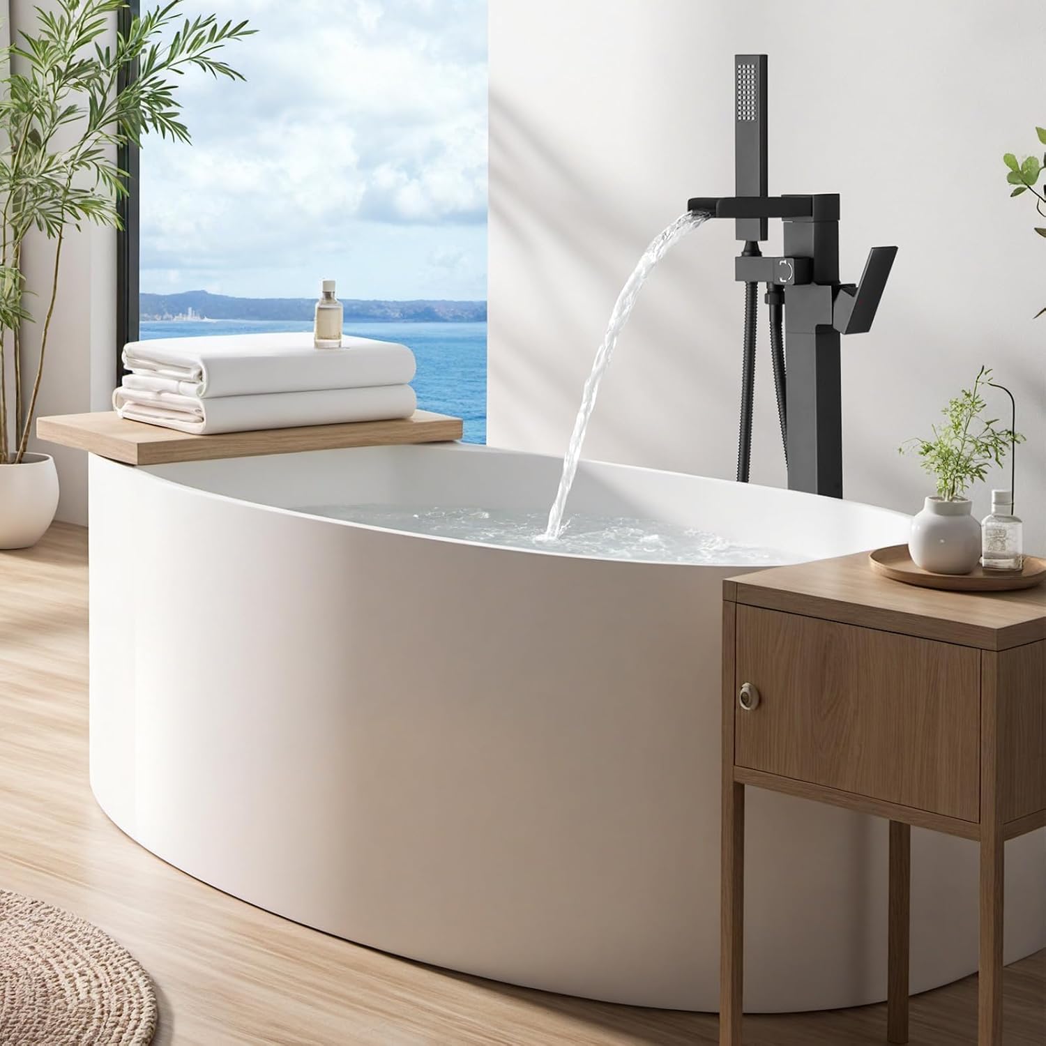 Freestanding Tub Faucet Matte Black: ALEASHA High Flow Max 6.74 GPM Free Standing Tub Filler - Brass Modern Floor Mount Bathtub Faucet with Handheld Shower, for the Ultimate Elegant SPA Experience