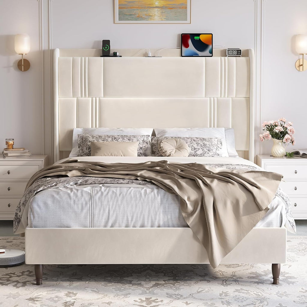Queen Size Bed Frame with Tall Headboard, 52' Upholstered Platform Bed with Charging Station, Luxury Velvet Bedframe, Curved Wingback Headboard, No Box Spring Needed, Easy Assembly, Sturdy, Beige