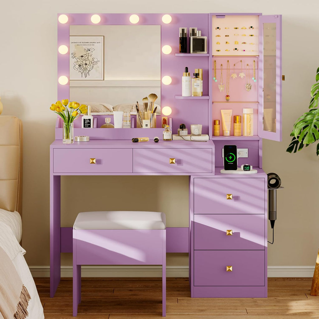 Vanity Desk with Mirror and Lights, Makeup Vanity Table Set with 5 Storage Drawers, Power Outlet & Chair, Small Dressing Table with RGB Ambient Light, Adjustable Brightness for Girls Bedroom, Purple