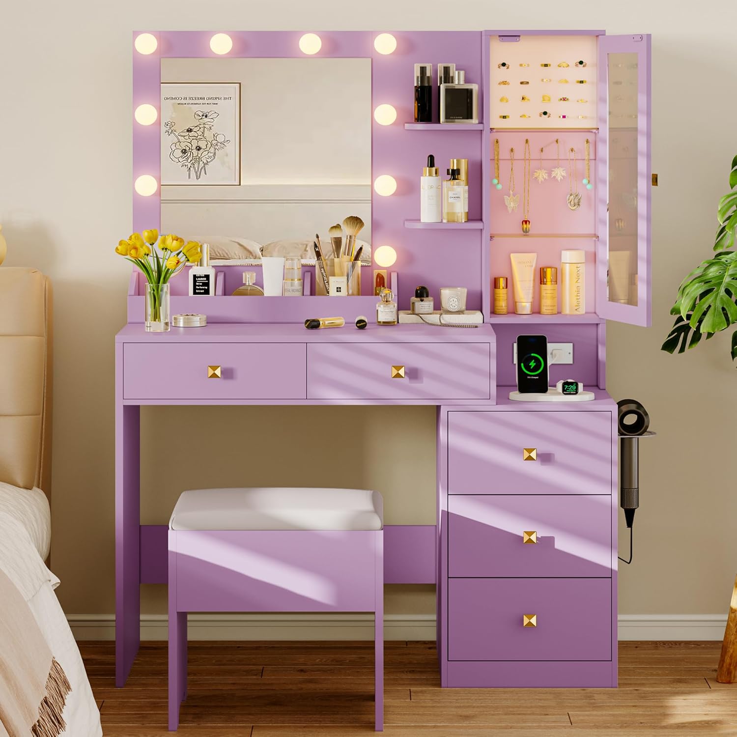 Vanity Desk with Mirror and Lights, Makeup Vanity Table Set with 5 Storage Drawers, Power Outlet & Chair, Small Dressing Table with RGB Ambient Light, Adjustable Brightness for Girls Bedroom, Purple