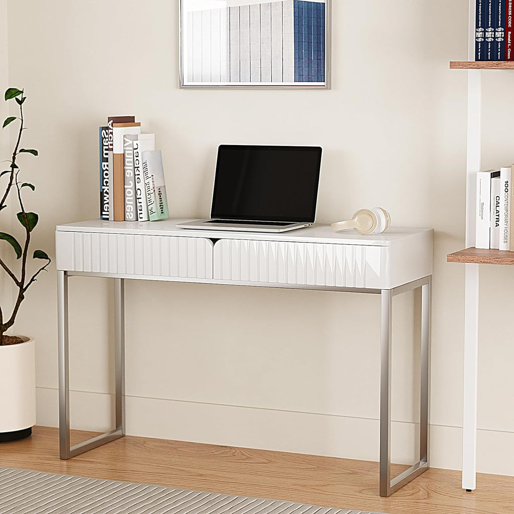 Tamworth Design Modern Multi-Purpose Desk, White & Antique Brass, 43' L x 15.75' W, 2 Large Drawers, Computer/Vanity/Study, Adult Size