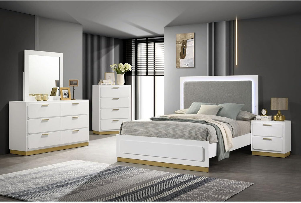 HomeStock King Bedroom Set 5 Piece White Modern Design with Upholstered Headboard
