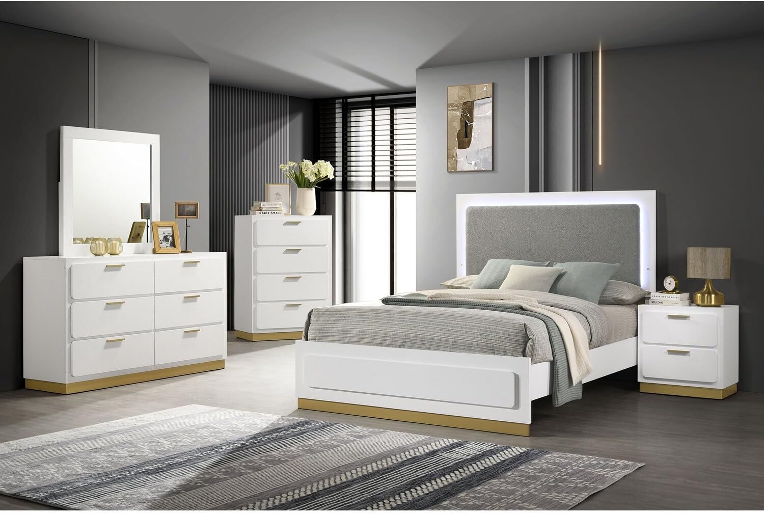 HomeStock King Bedroom Set 5 Piece White Modern Design with Upholstered Headboard
