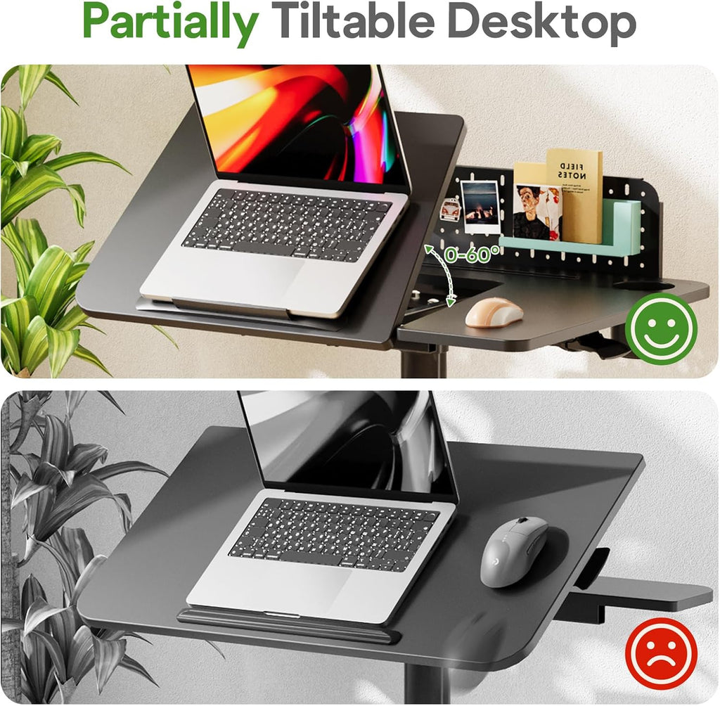 JOY worker Mobile Standing Desk with 60° Tiltable Desktop, 28' Height Adjustable Rolling Desk, DIY Pegboard & Storage Base, Portable Laptop Desk with 4 Lockable Wheels for Home Office, Black