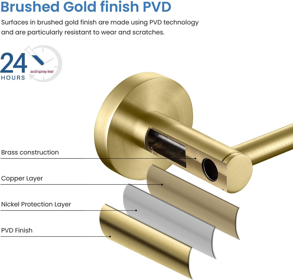 KIBI 5 Piece Circular Bathroom Hardware Set Bathroom Accessories Set | Towel Bar (18'), Towel Ring, Toilet Paper Holder, Robe Hooks (Brushed Gold) (C-KBA14-5-4)