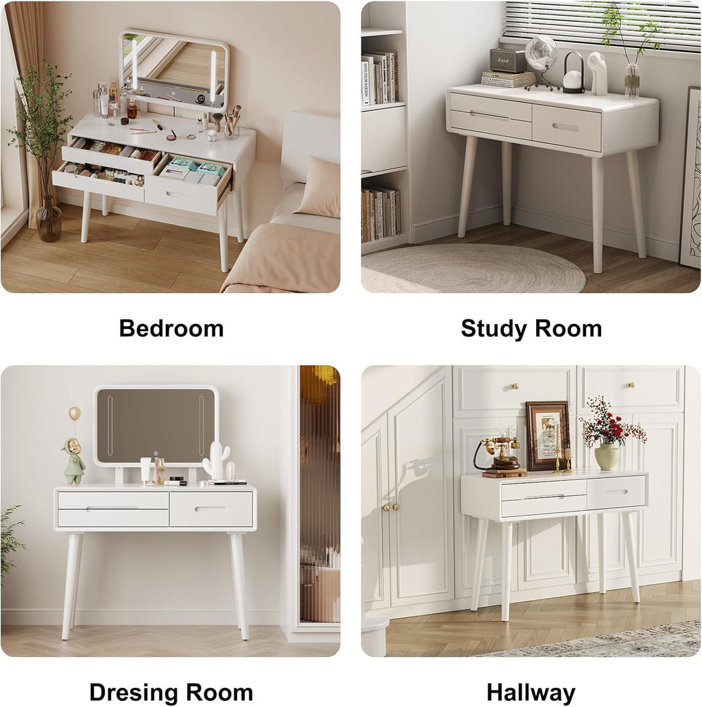 Solid Wood Vanity with Mirror and Lights, Adjustable Brightness, Wood Makeup Vanity with 3 Drawers, Semi-Assembled, Vanity Desk for Bedroom (White)