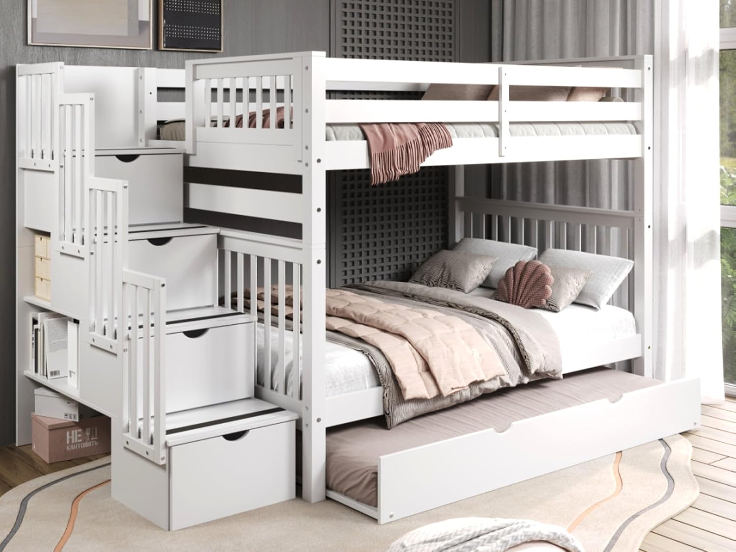 Bedz King Stairway Bunk Beds Full Over Full, 4 Step Drawers, Twin Trundle, White